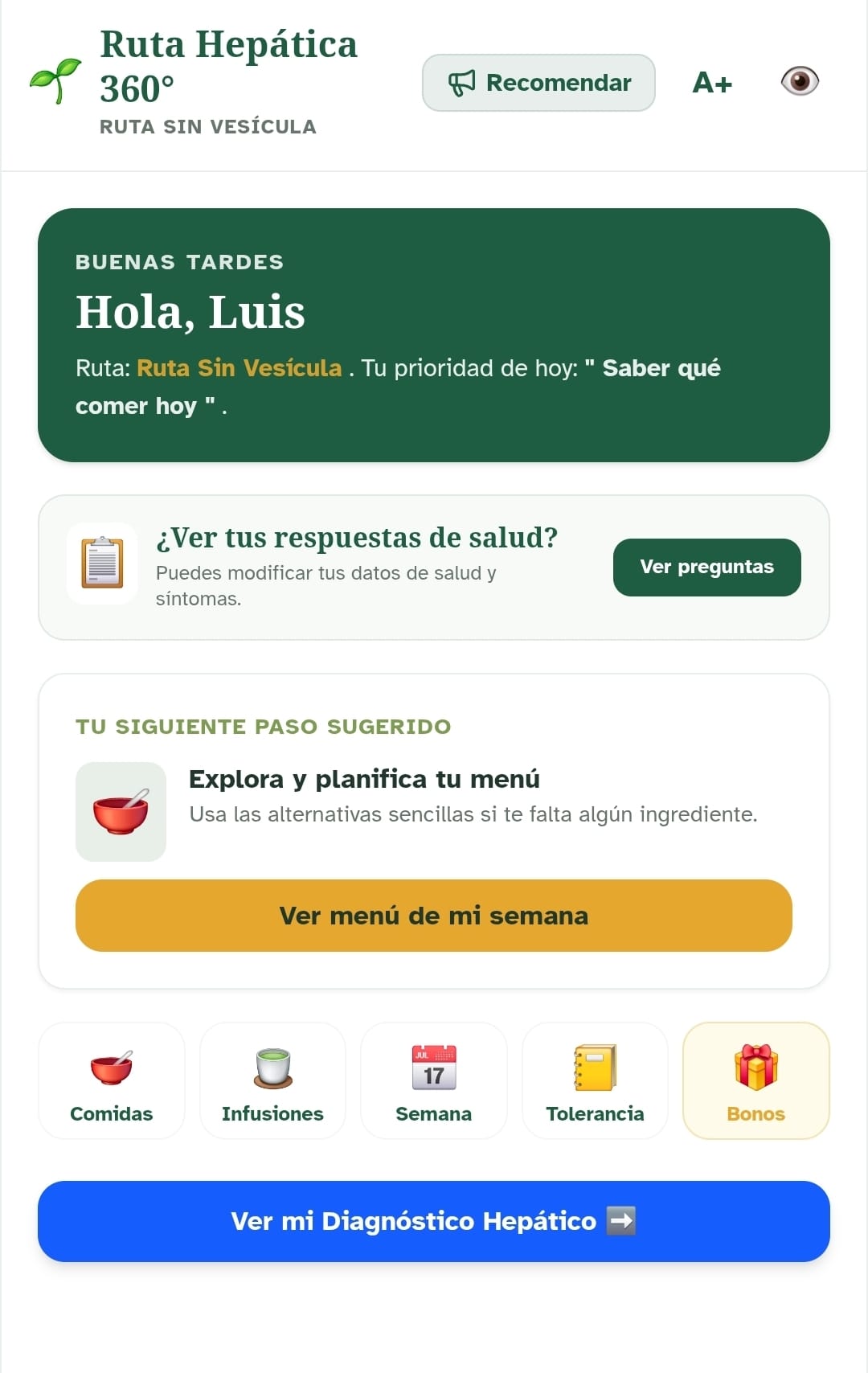Vista previa de la Micro-App Ruta Hepática 360° mostrando el panel personalizado con ruta sin vesícula, menú semanal y bonos